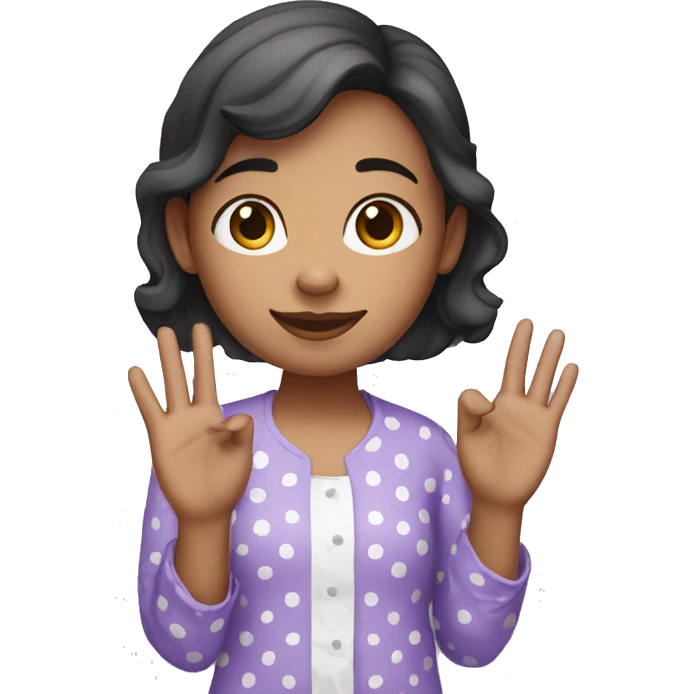 A girl with lavender kurti white spots showing three fingers in one hand emoji