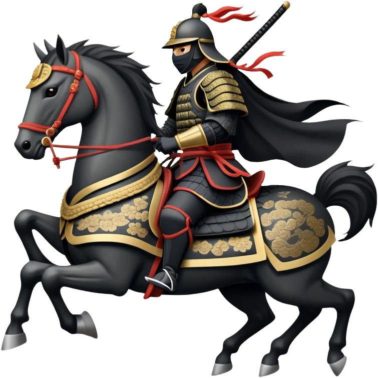 clash-of-clans-aesthetic_-cinematic-fearsome-and-majestic-samurai-bust-portrait-emoji, rendered in a flat, vector-style with minimal shading and bold, simplified shapes typical of emoji art, depicting a battle-hardened samurai with black mask and traditional black Japanese armor. The samurai is riding a noble grey warhorse adorned with an intricately designed saddle and fluttering banners and a rising sun. a zoomed in samurai riding on a  horse emoji