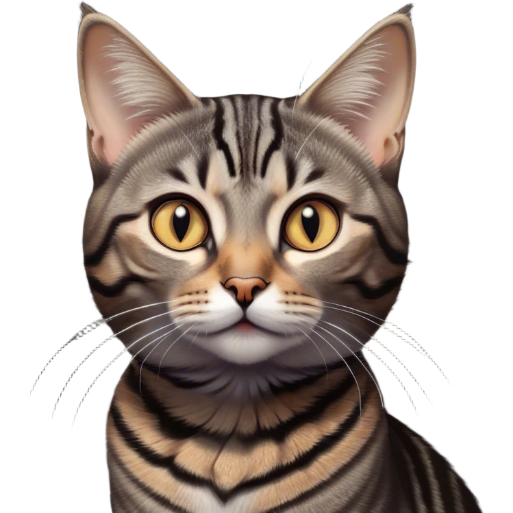Cinematic Cute Grey and Black Brown Tabby Cat Portrait Emoji, Head tilted playfully and inquisitively, sleek grey-brown fur with bold black tabby stripes and a distinctive M-shaped marking on the forehead, sparkling amber eyes, Simplified yet irresistibly adorable features, highly detailed, glowing with a warm, friendly glow, high shine, affectionate and curious, stylized with a touch of whimsy, bright and endearing, soft glowing outline, capturing the essence of a mischievous yet loving kitten, so playful it feels like it could pounce out of the screen and into your arms! emoji