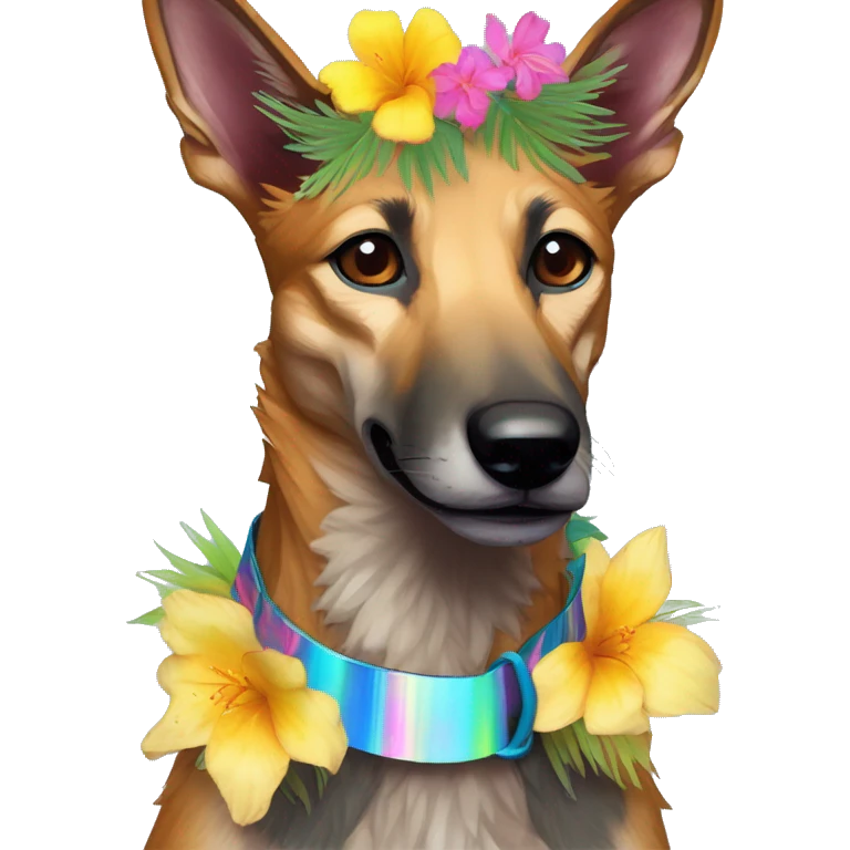  brindle brown black maroon striped lurcher Alsatian fox running blue eyes and iridescent holographic oilslick harness wearing paper iridescent tropical flower crown yellow caution tape emoji