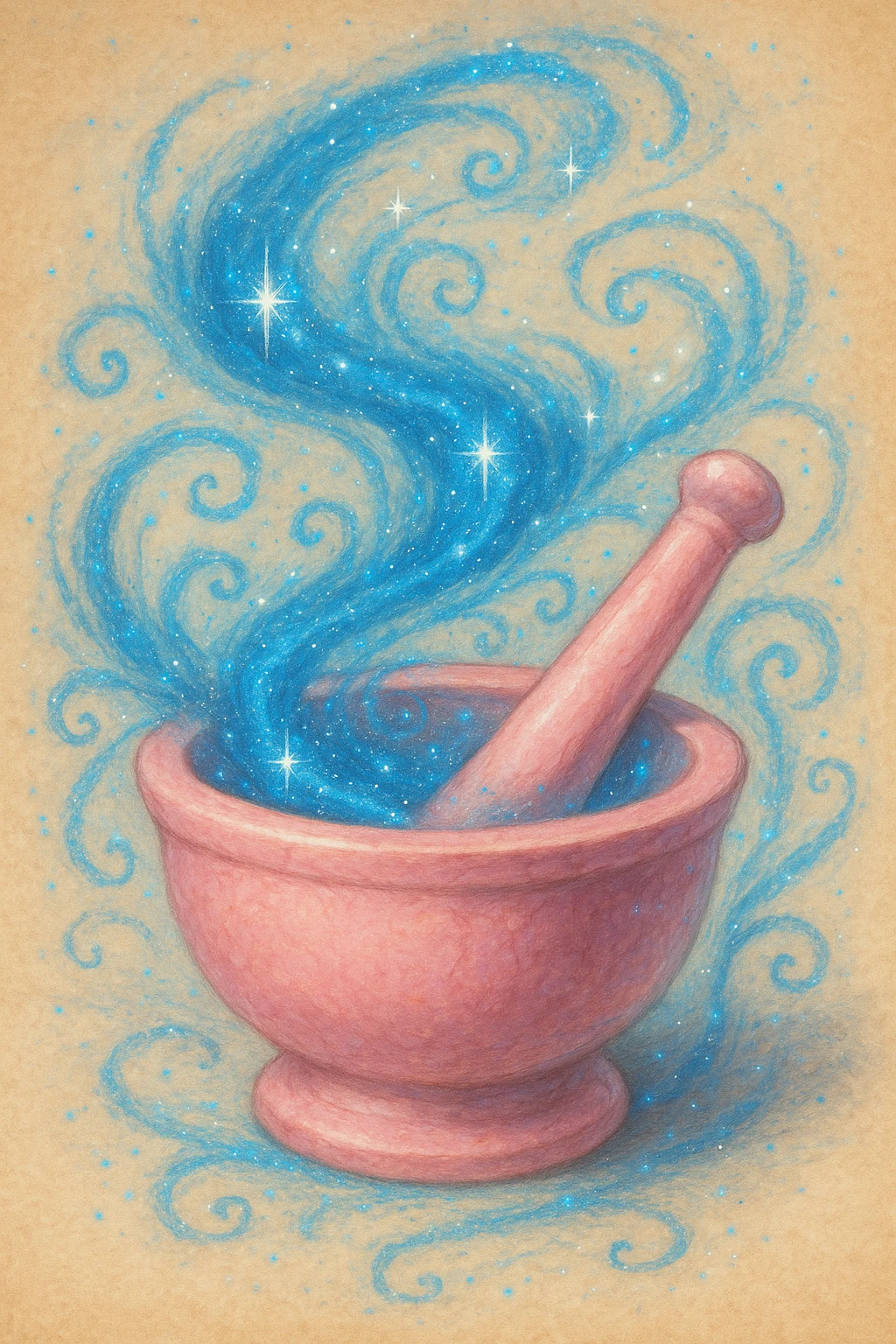a pink pestle and mortar with blue fairy dust swirling around, whimsical and magical, no text emoji