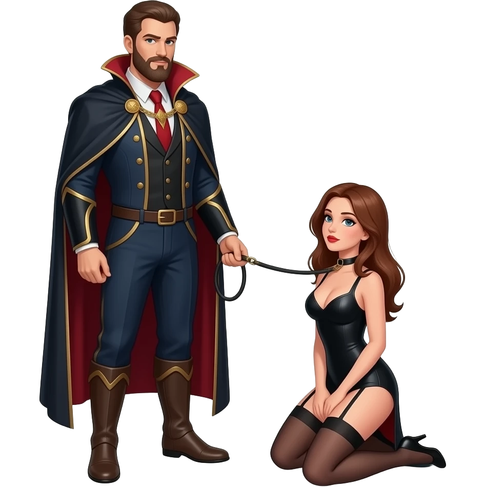 Soumise collier au cou, laisse au collier du cou,a genoux au pied de son maître non barbu et lui debout en costume emoji