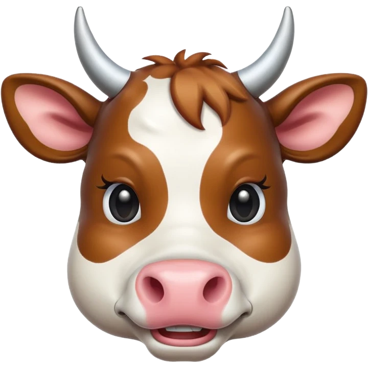 Create a cow face emoji that looks exactly like the reference image, in iOS emoji style. The emoji should have 3D appearance, shiny surface, smooth gradients, soft shadows, a friendly expression, black and white markings, and horns. Add a glossy effect to the nose. emoji