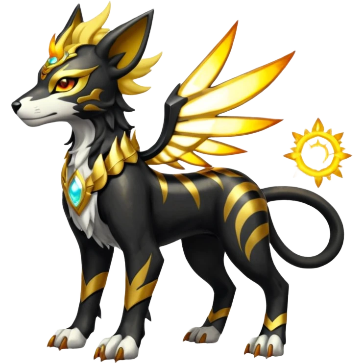 Solarpunk solar aesthetic shiny glowing divine lighting glimmering shimmering Houndoom-Solgaleo-Tigress-Luxray-Trico-fusion (full body) emoji