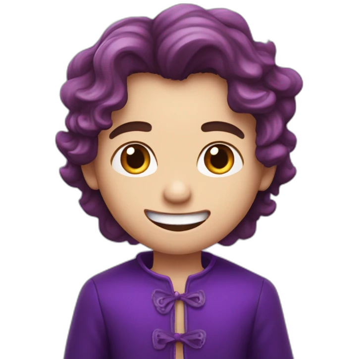 Un garçon qui sourit avec des dent de vampire les cheveux boucler violets emoji
