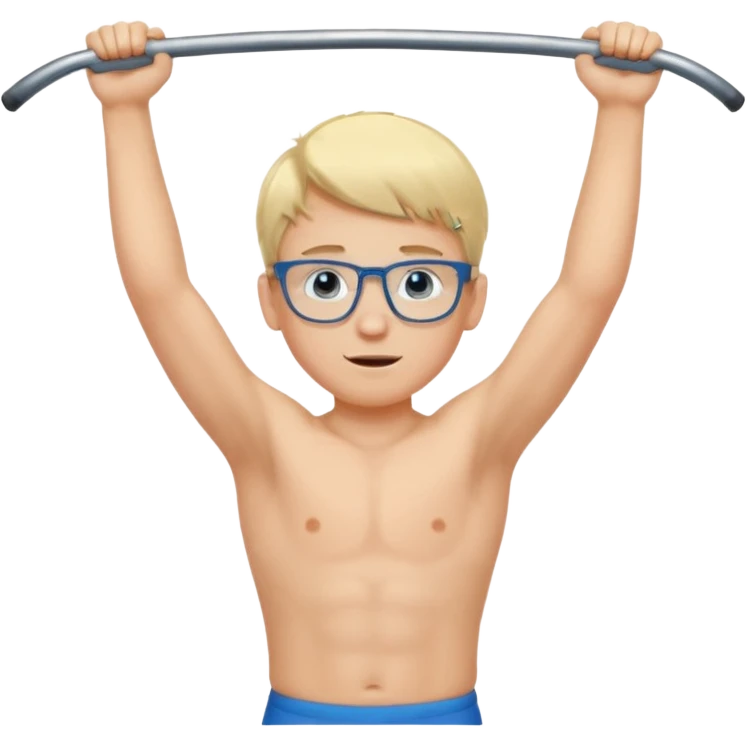 Wygeneruj mi emotke całego chłopaka o włosach blond z niebieskimi oczami w okularach, który podciąga się na drążku emoji