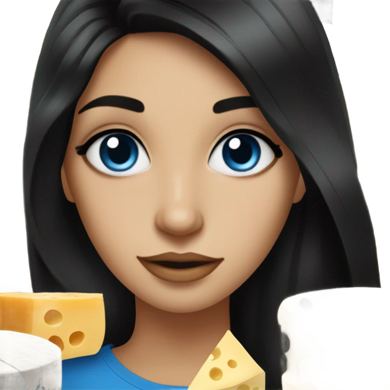 stunning blue eyed brunette girl with black hair surrounded by cheese emoji