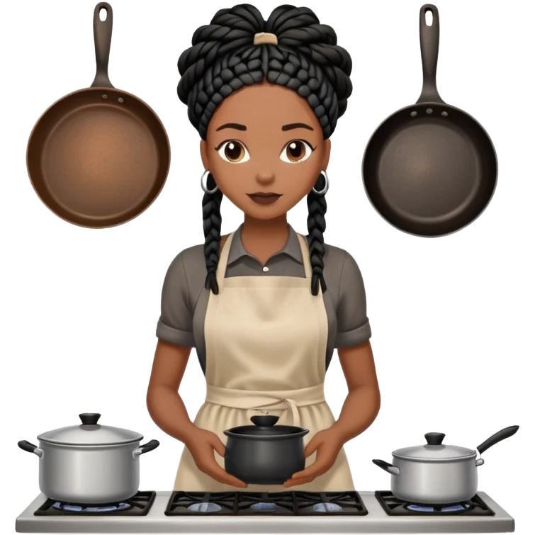 A dark-skinned Black woman with black box braids, wearing an apron, with a pot on the stove. emoji