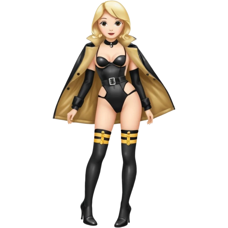 Create an female emoji with stockings and garter belt wearing a shiny wetlook coat and shiny high heel boot that go below the knee emoji