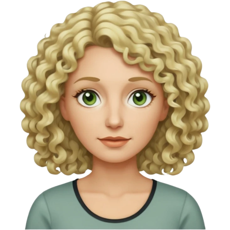 a woman in her late 40s and has greyish greenish eyes and blonde curly hair wearing a grafic top# emoji