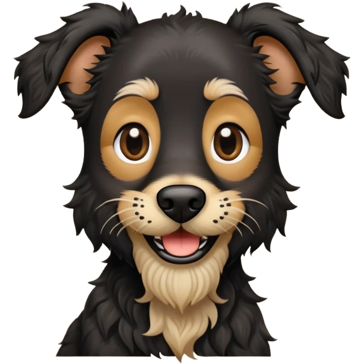 Tall, black, skinny dog with wiry wavy hair, and a beard and eyebrows smiling  emoji