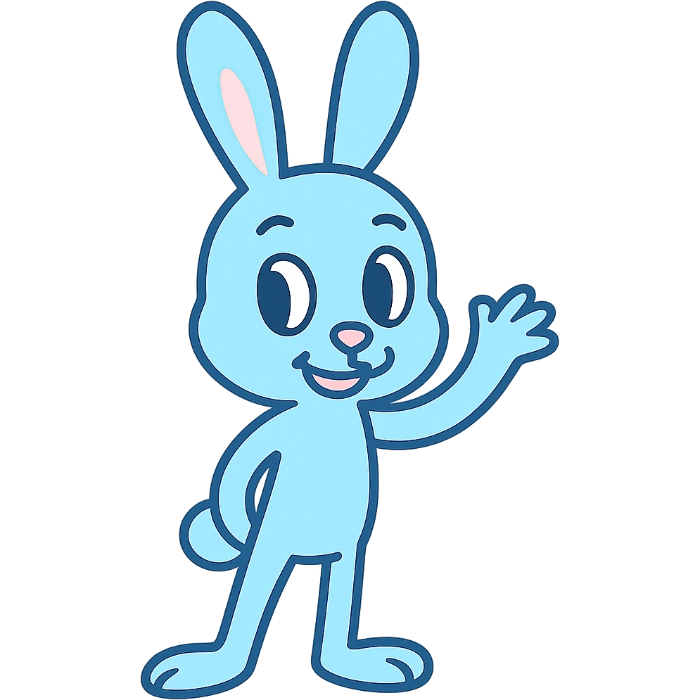 A skinny blue pastel bunny waving, cute, smiling, friendly, with no background. Remove the background to isolate the subject. emoji