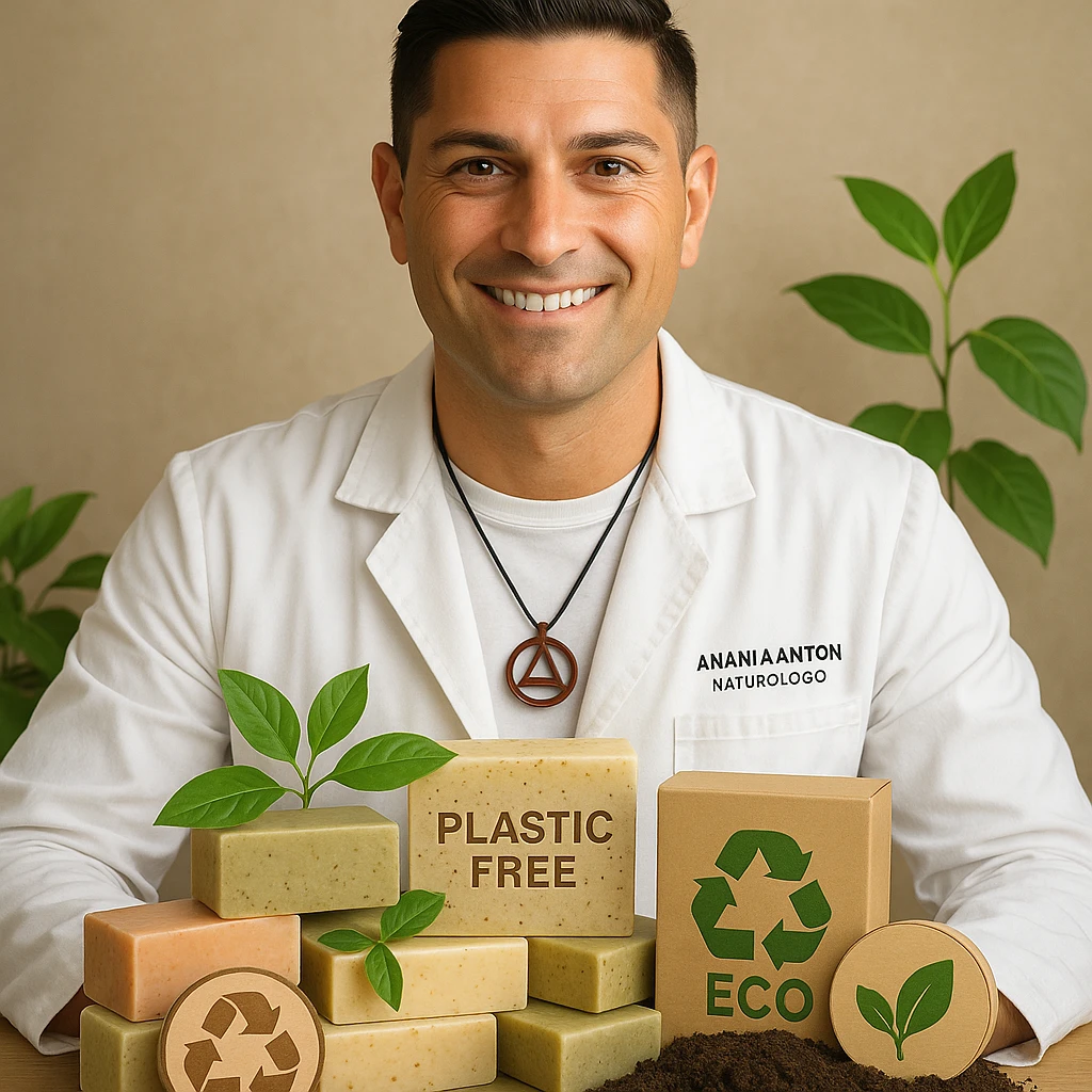 Create a realistic image of Antonio Anania with the appearance of the person in the reference photo. He is surrounded by natural soaps with visual elements that communicate their environmental benefits, such as eco-friendly symbols, leaves, and clean soil. The tone should be positive and natural, emphasizing that the soaps are plastic-free and good for the environment. emoji