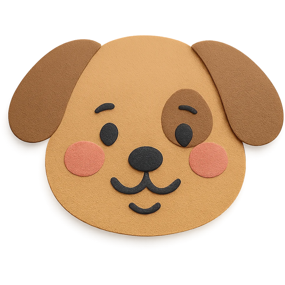 A shy smiling dog with blushing pink cheeks, paper craft style, transparent background. emoji