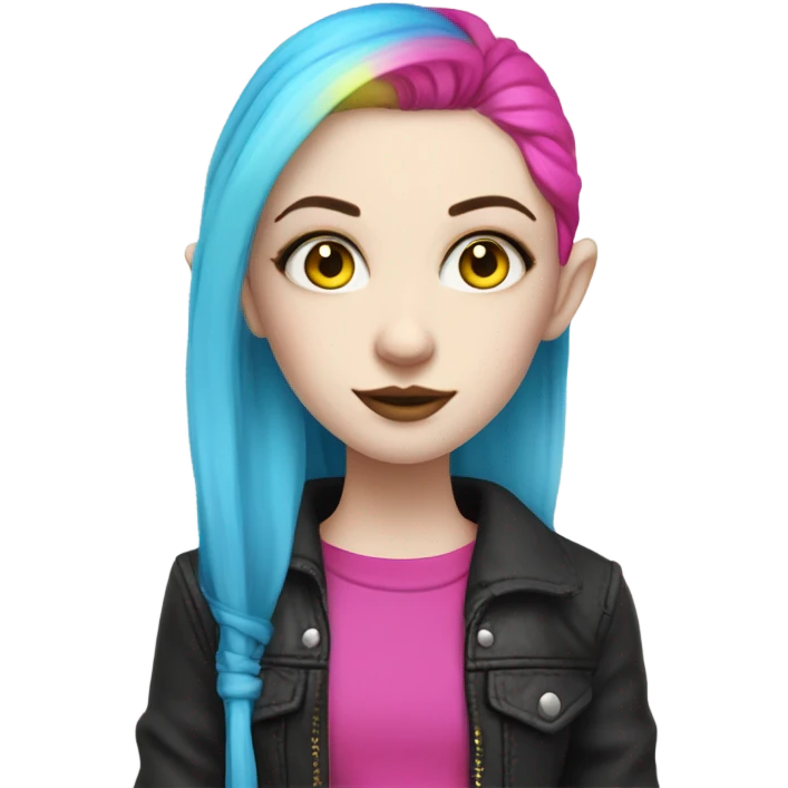 Blue eyed long eye lashes pale hime gyaru girl, hot pink and yellow split-dyed hair, nose ring, elf ears, dark makeup, punk clothes emoji