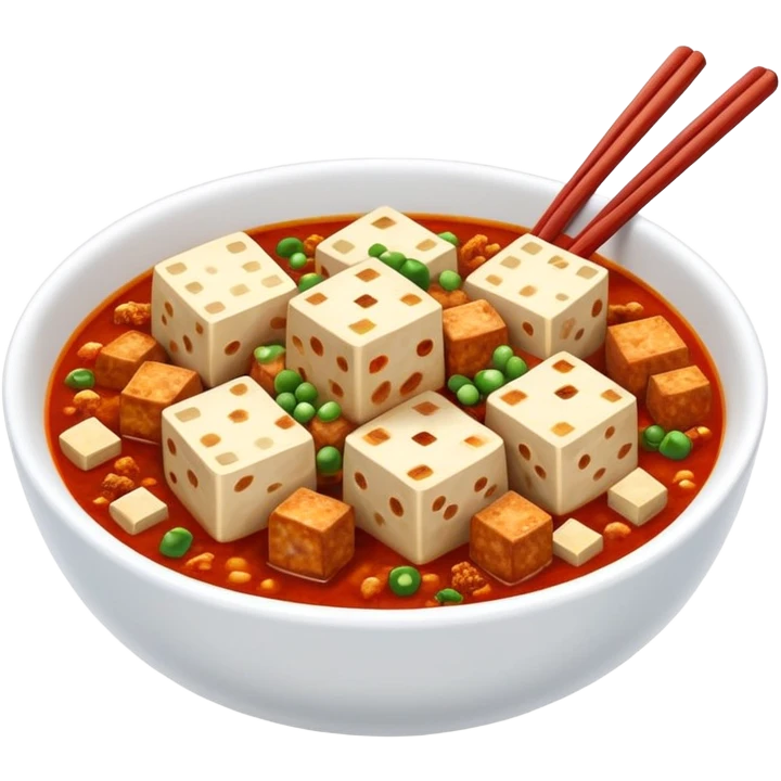 Mapo Tofu spicy red with tofu cubes and minced meat, simplified emoji style with bold outlines and bright colors, cartoon style Sichuan famous dish emoji