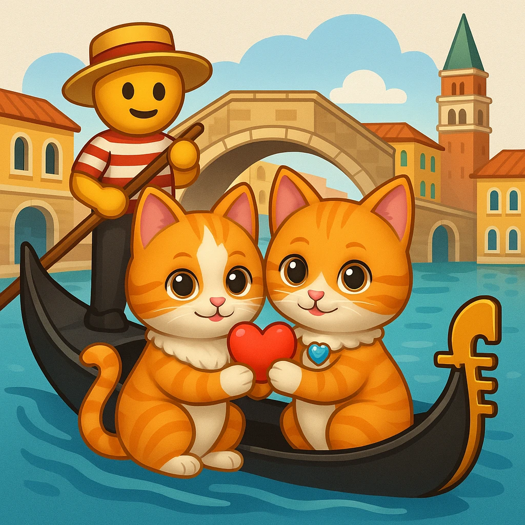 Add a gondola in Venice to the scene with the happy cat proposal. The original style is emoji style with a transparent background. Please keep the background transparent if possible and maintain the emoji style look. emoji