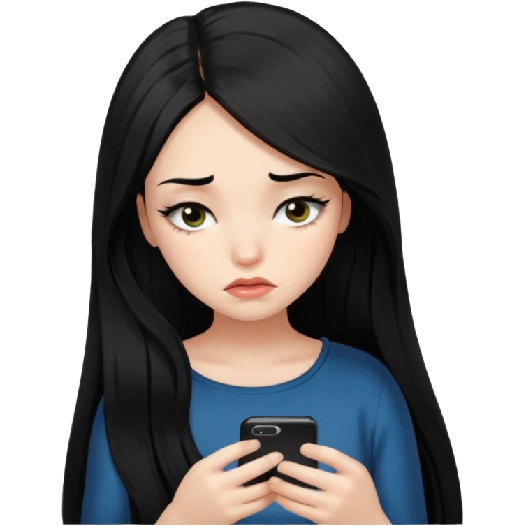 a girl with silk long black hair having fomo looking at her phone sad , she has long lashes  emoji