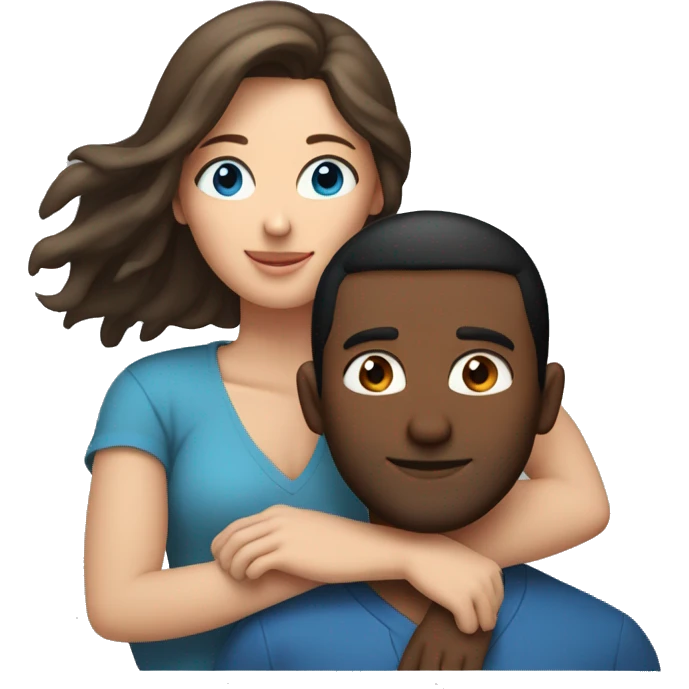 Couple embracing with arms around each other; white woman with blue eyes and brown hair, Indian man with black hair  emoji