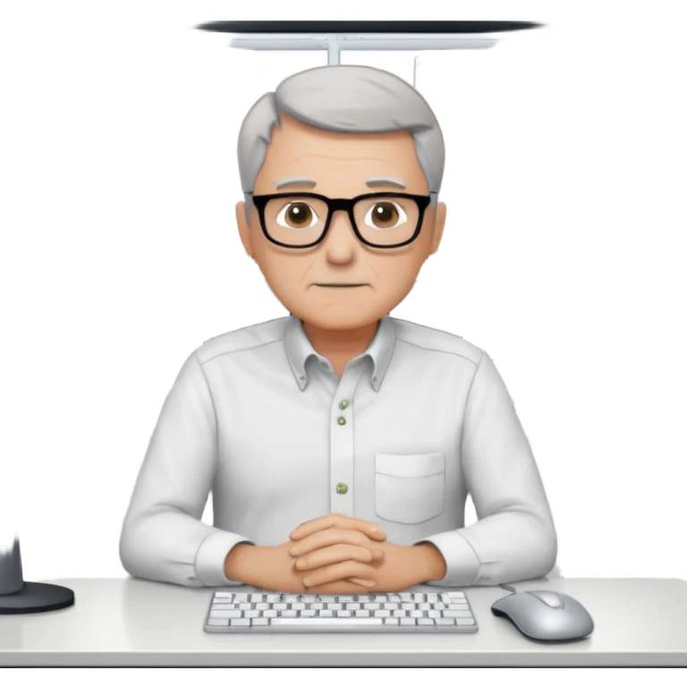 un uomo di circa 60 anni, capelli corti e brizzolati, occhiali con montatura nera, seduto ad una scrivania in un grande ufficio vuoto, tutto bianco, con il mobilio bianco, davanti a tre monitor ed un notebook, che lavora scrivendo software emoji