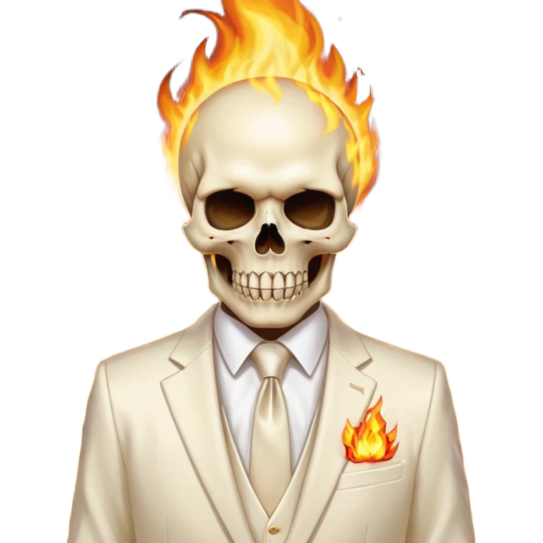 aesthetic shiny glowing divine lighting - Megadeth icon - a politician in an ivory ethereal suit wears a white tie, has a skull instead of a head, and instead of glasses, burns in fire emoji