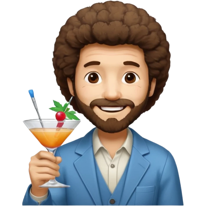 Bob Ross with a cocktail in one hand, paint brush in the other, wishing congratulations emoji