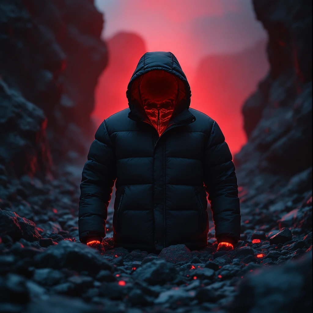 cinematic still of a front black puffer jacket around black stone with red coal temeperature environment, back red light, top light  emoji
