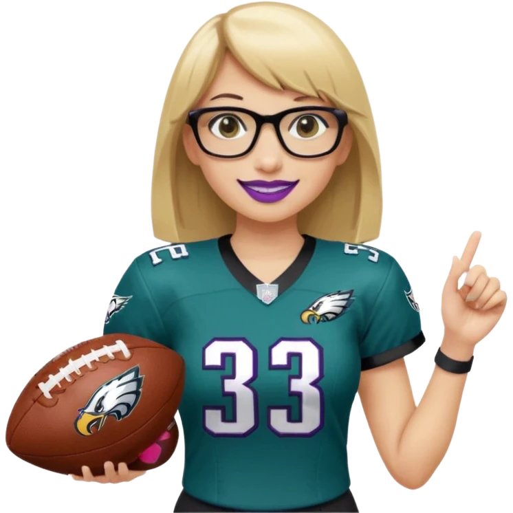 full length women wearing eagles uniform, medium blonde hair, straight across bangs, black glasses, holding football, number 33, smiling, purple lipstick emoji