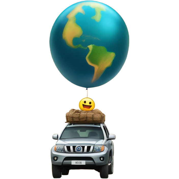 A SUV aventureira explora montanhas e florestas com um globo terrestre ao fundo e um carro em movimento na frente. emoji