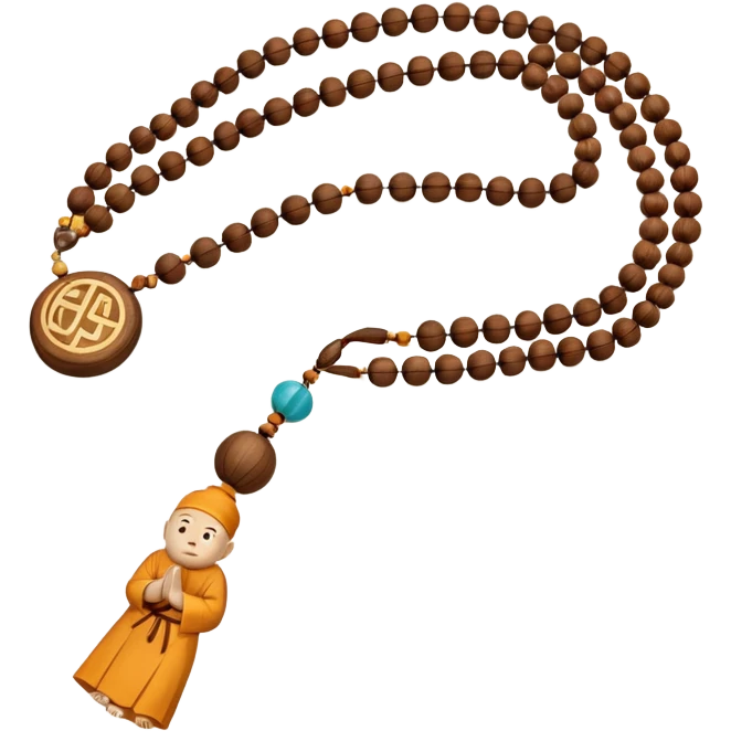 monk necklace object icon, wooden prayer beads with simple pendant, spiritual minimal design, natural wood texture, subtle sacred aura, 3D cartoon style, mobile game icon style, centered, clean background, no text, no watermark
 emoji
