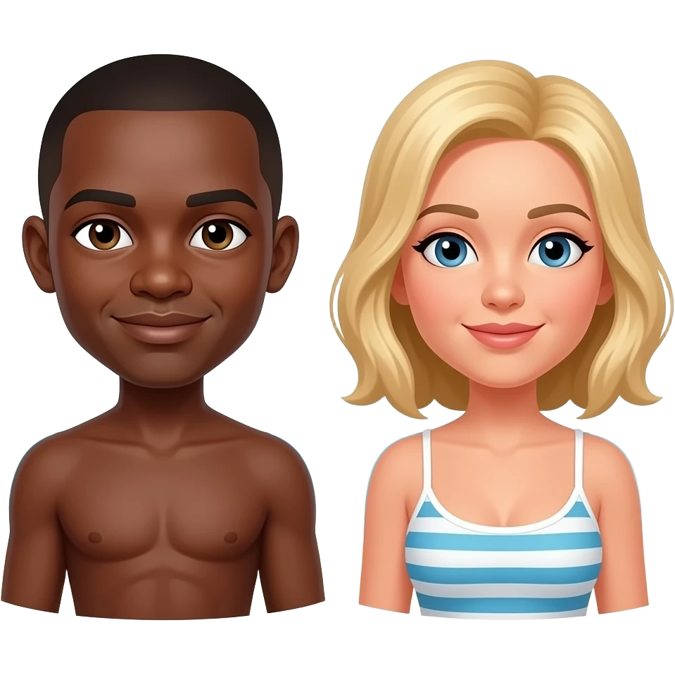 Black man with shaved head at the beach with blonde woman emoji