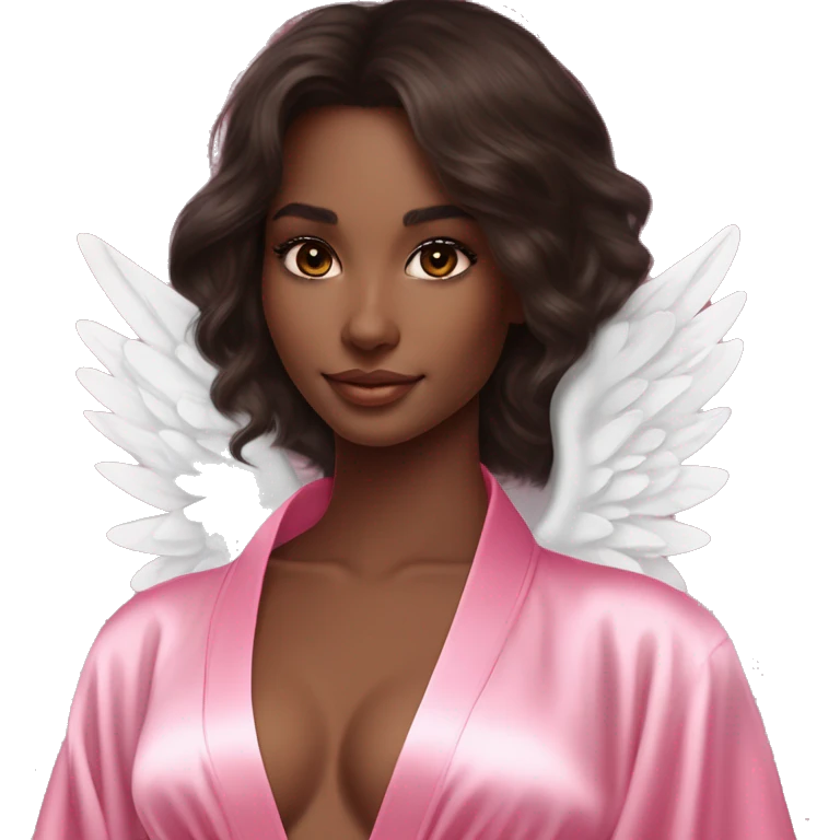 Dark hair brown eyes brown skin Victoria secret angel in pink silk robe with white angel wings emoji