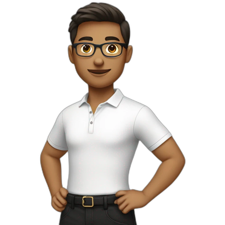 college student wearing white polo shirt and black pants with eyeglass emoji