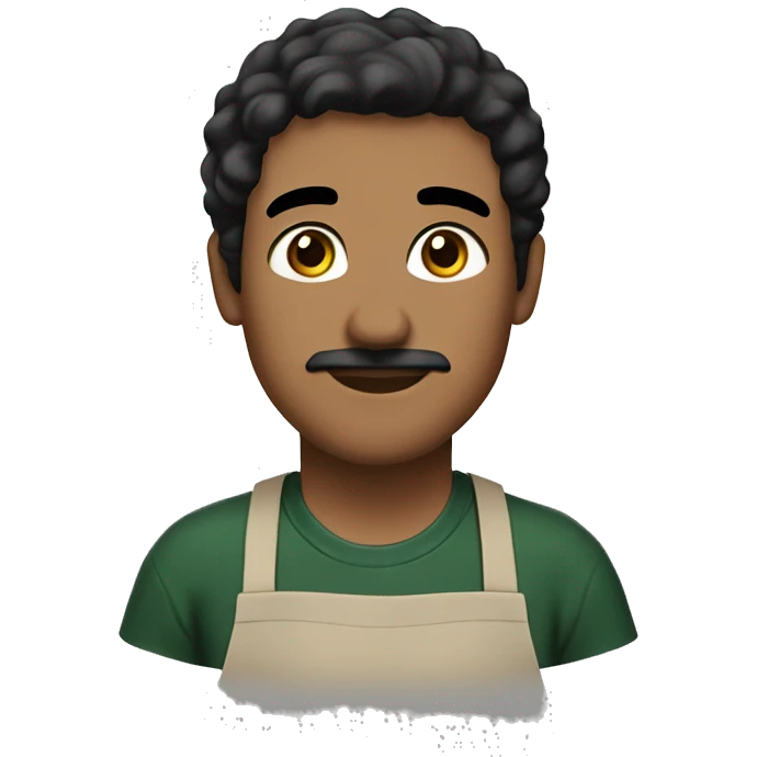person with black hair side part, dark green apron, brown eyes, really short mustache emoji