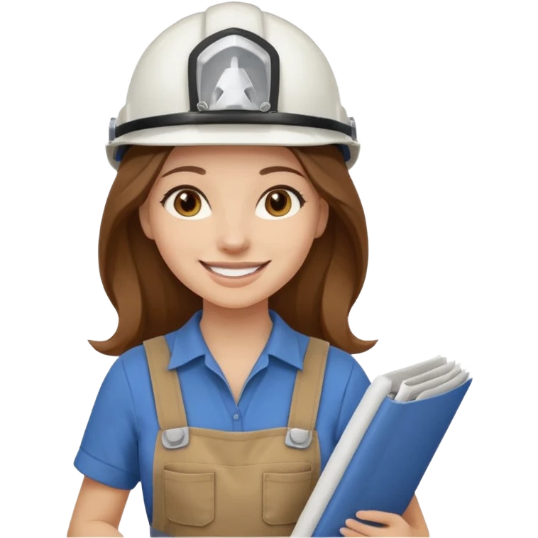Waist-up female architect on a white background. Long brown hair with a middle part, brown eyes, long lashes, smiling with braces. White helmet with “BUT” in brown. Holding rolled-up blueprints. Outfit: brown jumpsuit over a white t-shirt. emoji