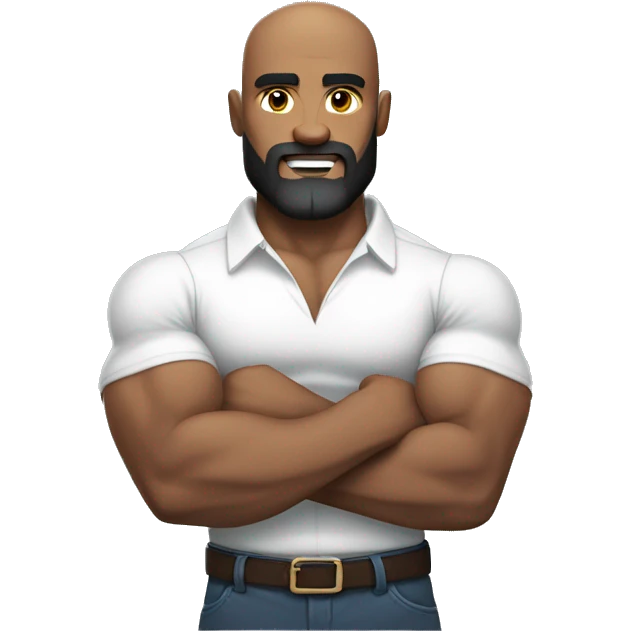 Muscular man flexing, bald, dark beard in a white shirt emoji