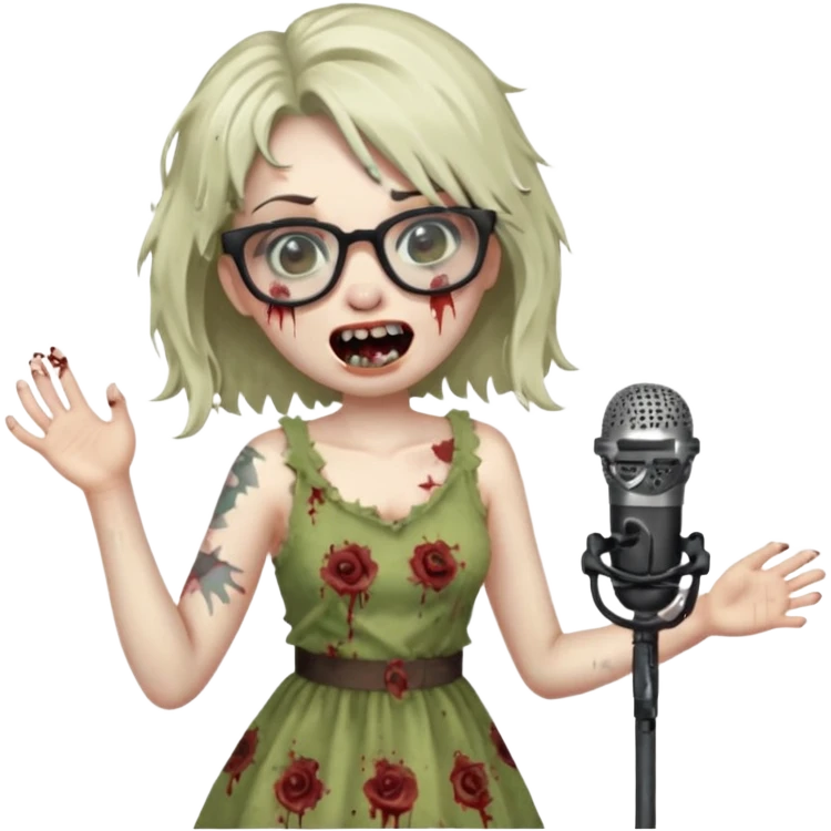 singer, Zombie girl, super happy, wearing dress, singing to mic, glasses emoji