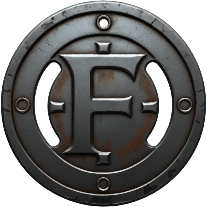 Minimal emoji, gothic metal coin made of black steel, engraved number f at the center, ancient industrial aesthetic, worn metal texture, no glow, no neon, flat emoji design, centered, transparent background emoji