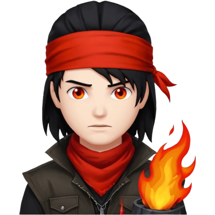 Vincent Valentine from Final Fantasy 7, close-up face, glowing red eyes, black hair, red bandana, fire in the background emoji