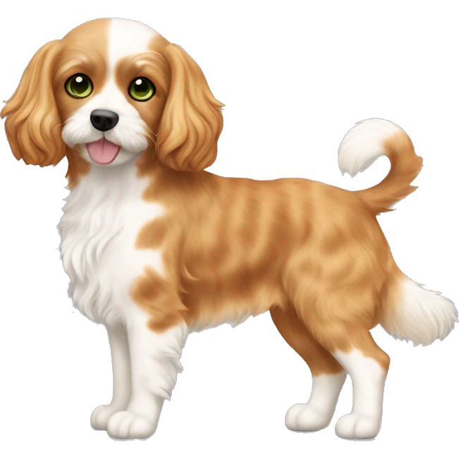 a blond apricot colored cavapoo dog standing next to a calico cat with a mix of black, orange, and white fur, green eyes emoji