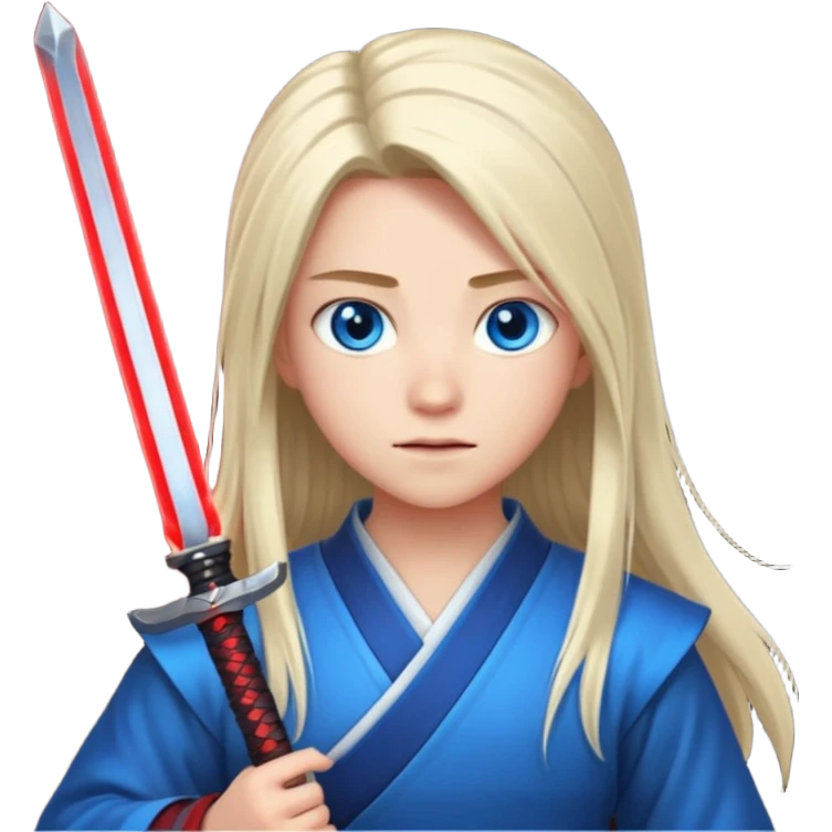 A 14 year old with red glowing katana and his hair be long and eye colour of blue with beautiful background emoji