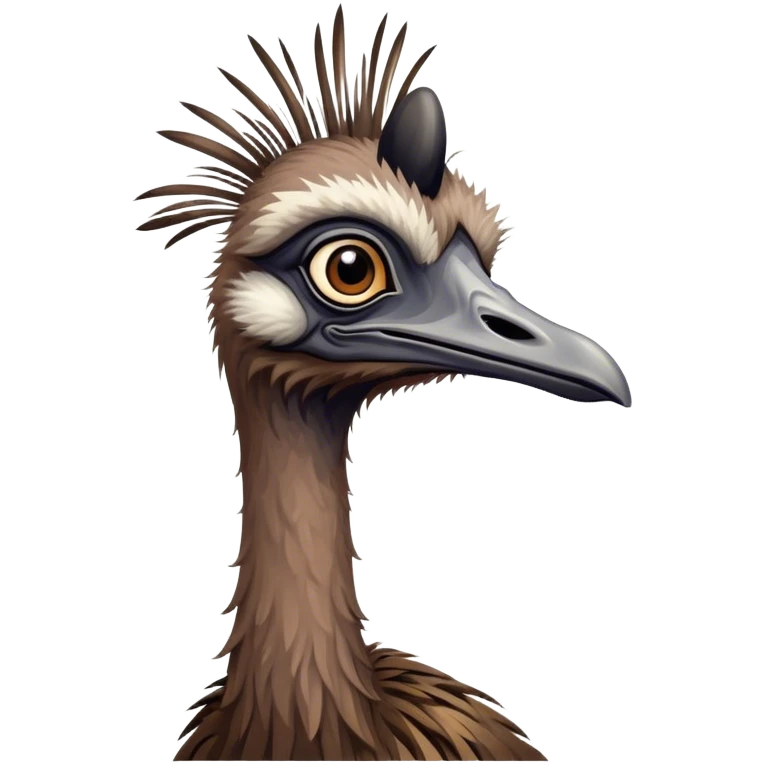 Cinematic Noble Emu Portrait Emoji, Poised and regal, with a tall, slender build and a shaggy, well-groomed fur of earthy brown feathers, a long elegant neck and deep-set soulful eyes, Simplified yet sharp and sophisticated features, highly detailed, glowing with a soft, dignified glow, high shine, intelligent and stately, stylized with an air of outback majesty, focused and attentive, soft glowing outline, capturing the essence of a watchful and confident bird, so majestic it feels as though it could stride out of the screen with effortless authority! emoji