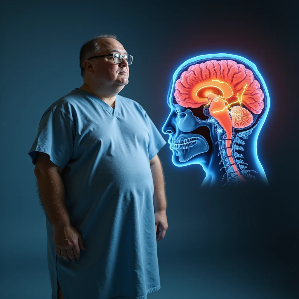 hyper-realistic medical CGI of an obese man in a hospital gown with a brain scan floating beside him showing inflamed hippocampus in red, shrunken prefrontal cortex, yellow lightning for glucose spikes, black amyloid plaques, constricted blood vessels, 4K clinical emoji