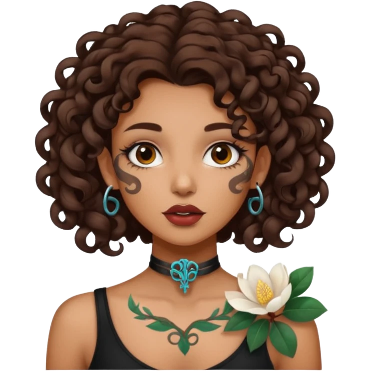 Alternative girl with curly dark brown hair and a magnolia throat tattoo emoji
