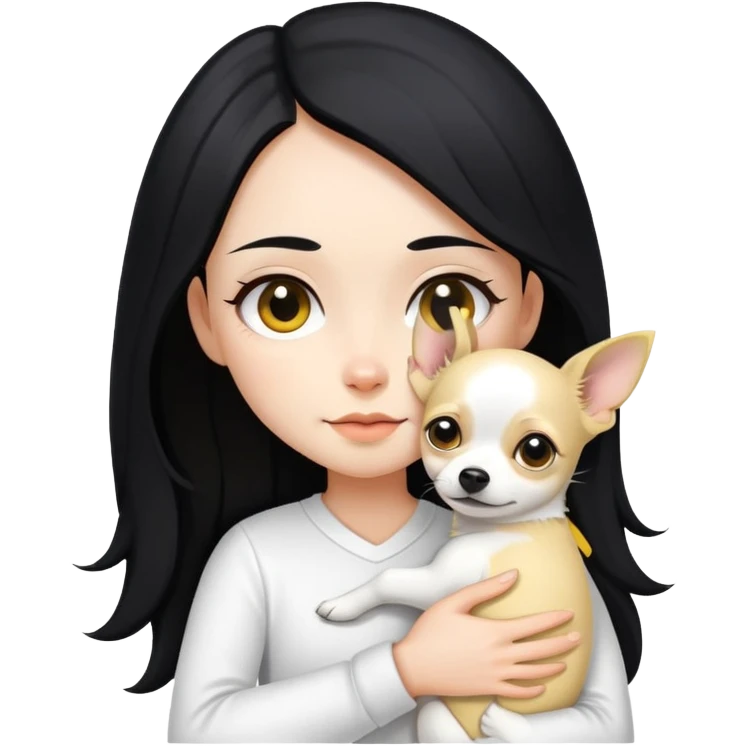 Fair skin girl - long black hair - white clothes - hugging a black, yellow and white Chihuahua emoji
