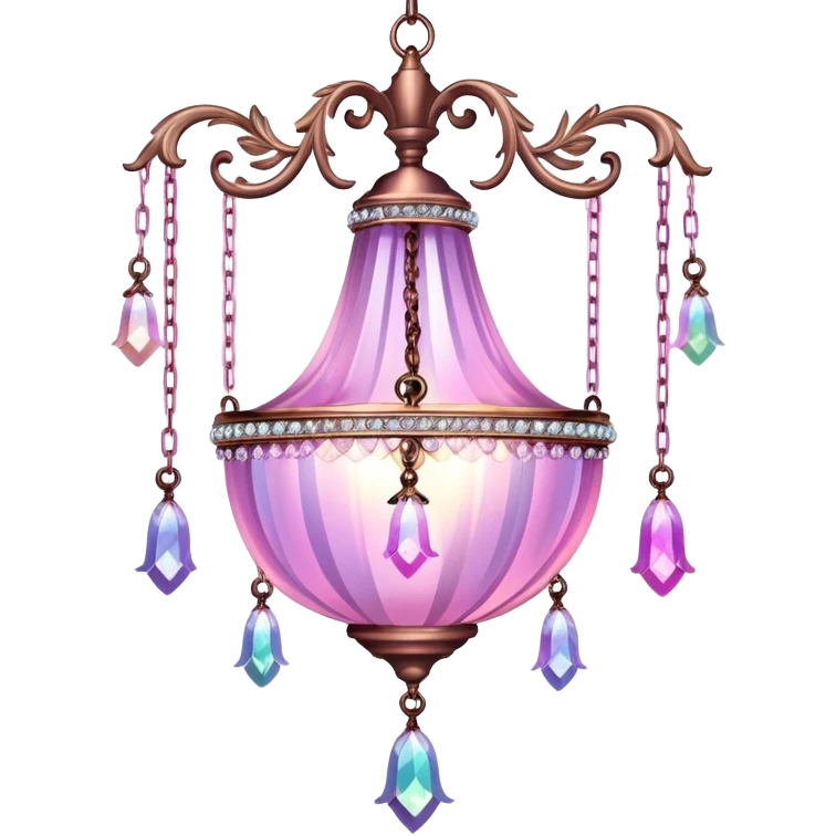 PInk iridescent Bell with chained hanging crystals with feathers CHANDELIER emoji