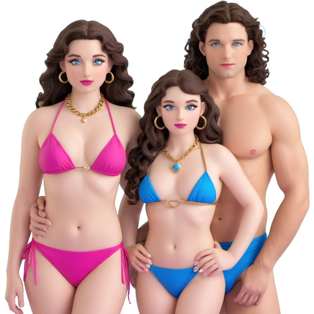 attractive couple on beach at sunset, orange and pink sky, ocean waves, curvier woman with fuller figure, big blue-grey eyes, long lashes, pale skin, pink lips, long voluminous dark brown curls, gold hoop earrings, tiny string bikini on her plumper body, next to handsome man with intense blue-grey eyes, chiseled features, pale skin, confident smirk, dark brown styled hair, gold chain, minimalist swimwear, both standing together romantically emoji