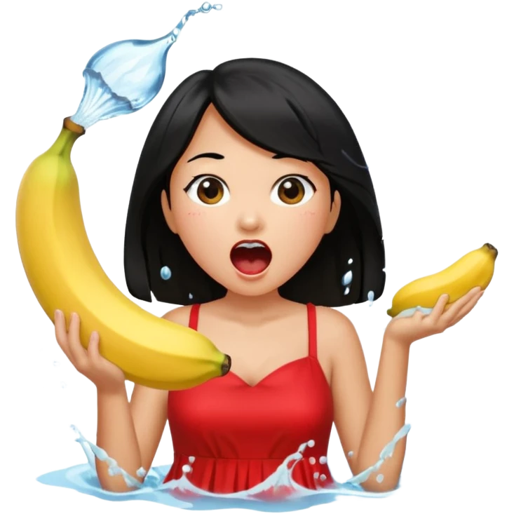 a banana splashing water in girl's mouth above her with black hair and red dress emoji
