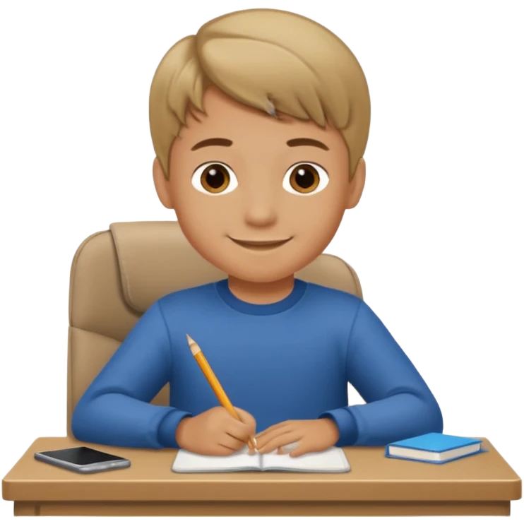 Little nice boy straight a student dark blonde hair tan skin sitting in desk with a big smile emoji