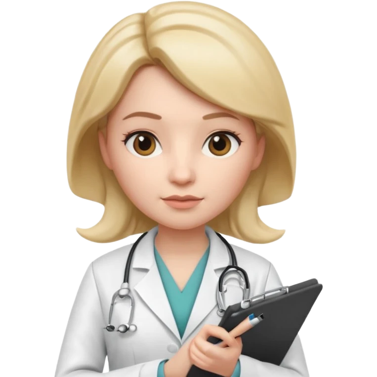 3D memoji female doctor holding clipboard and pen, slightly strict but kind facial expression, educational vibe, white medical coat, isolated PNG emoji
